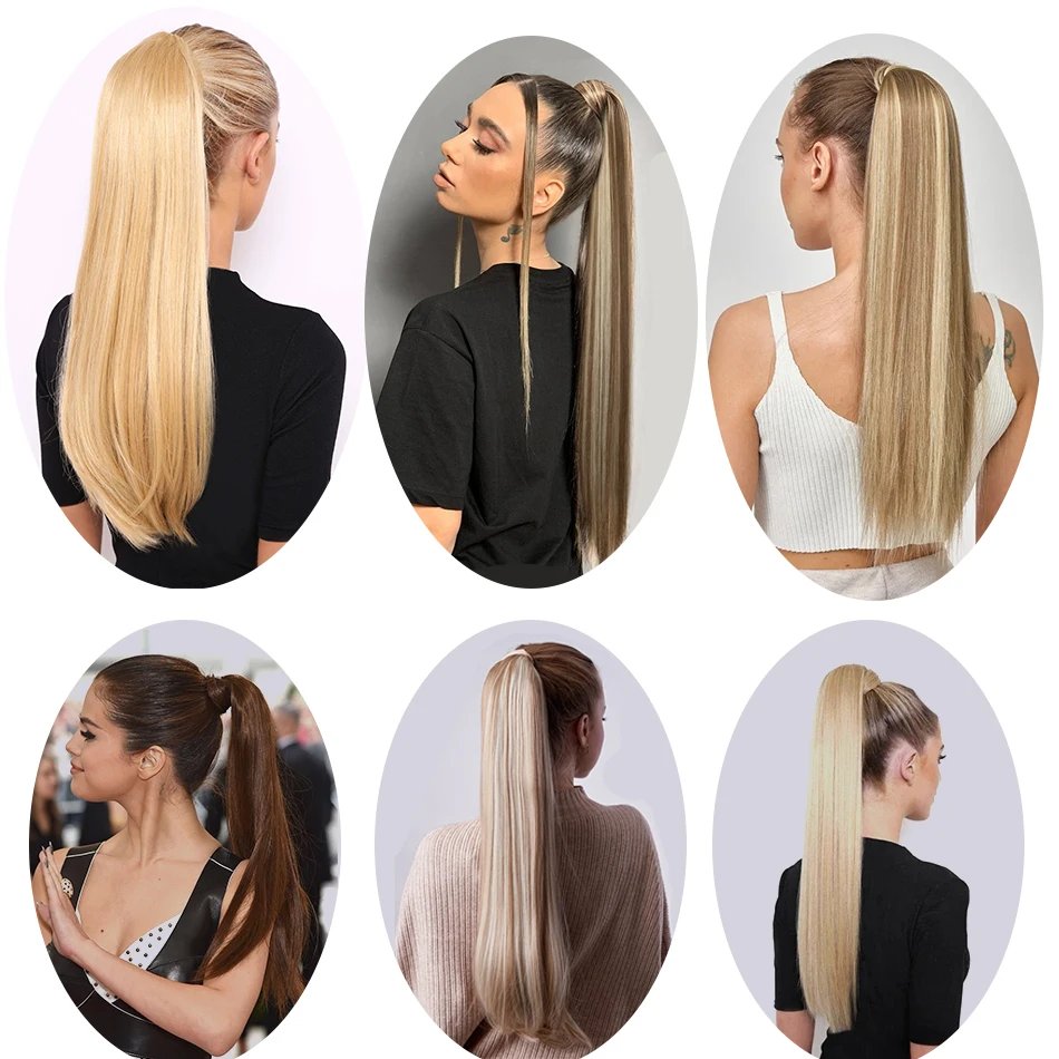 Remy Drawstring Human Hair Ponytail: Straight, Blond Highlight Ombre - Image 5