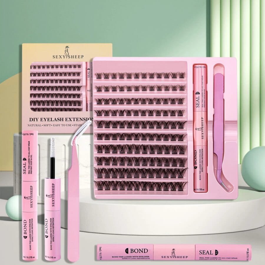 Full Volume Cluster Eyelash Extensions 9-16MM – Natural Look, Mink False Eyelashes with Adhesive and DIY Tweezer