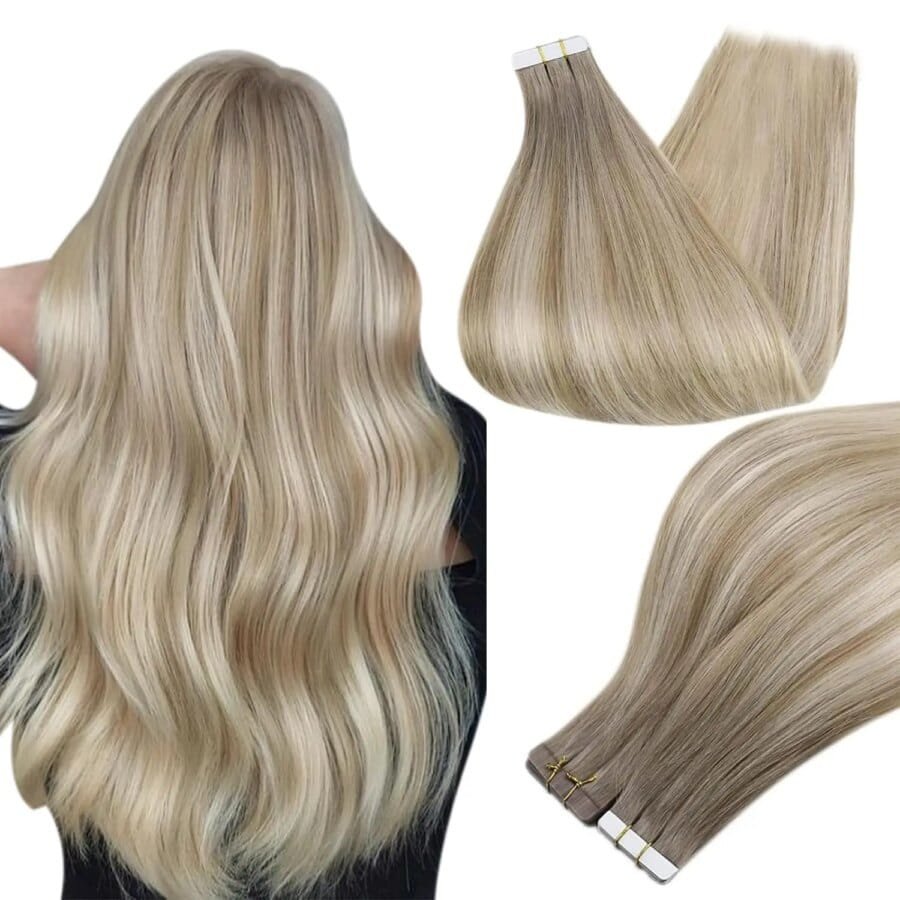 Tape-In Human Hair Extensions – Balayage Blonde Ombre | 100% Remy Human Hair, Seamless Skin Weft, Glue-On