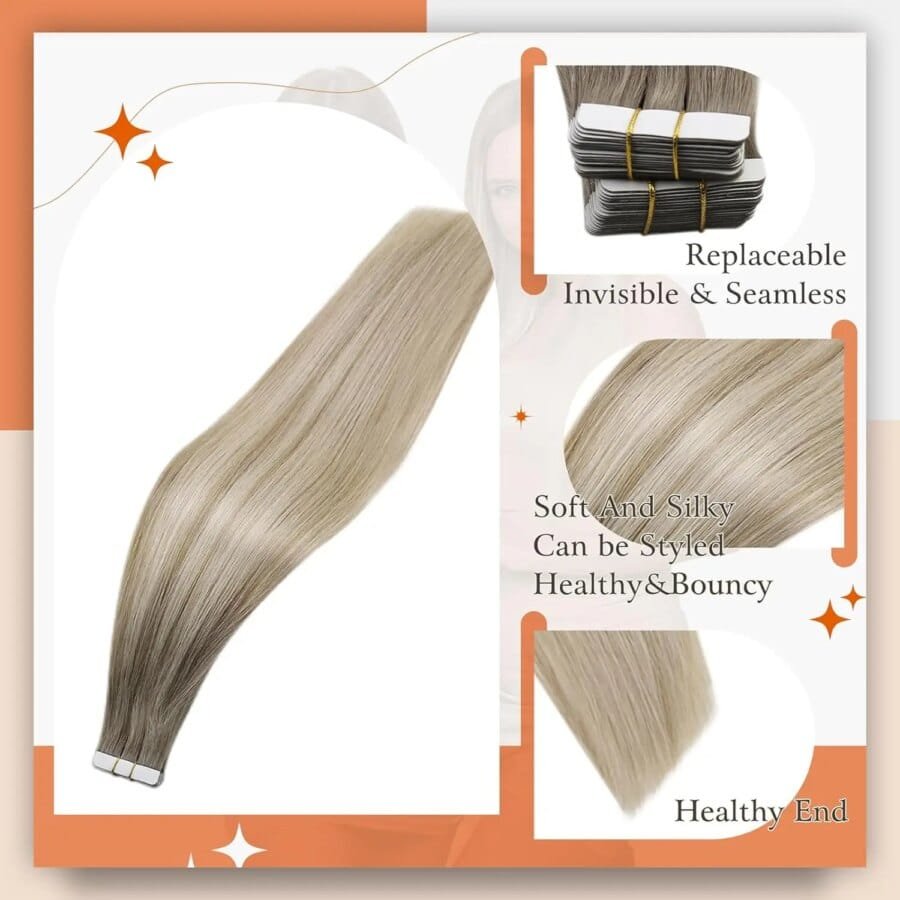 Tape-In Human Hair Extensions – Balayage Blonde Ombre | 100% Remy Human Hair, Seamless Skin Weft, Glue-On - Image 2