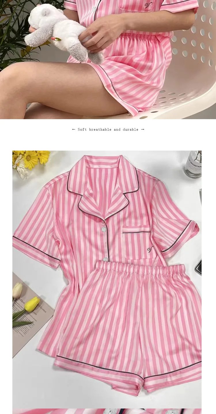Large Size Women Pajamas Set Short-Sleeved Student Homewear Two-Piece Cardigan Lapel Senior Sense of Striped Short-Sleeved Short