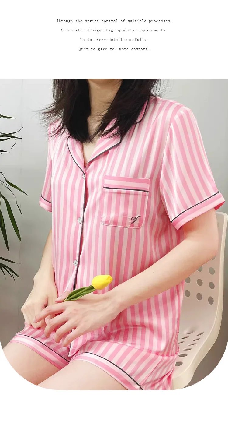 Large Size Women Pajamas Set Short-Sleeved Student Homewear Two-Piece Cardigan Lapel Senior Sense of Striped Short-Sleeved Short
