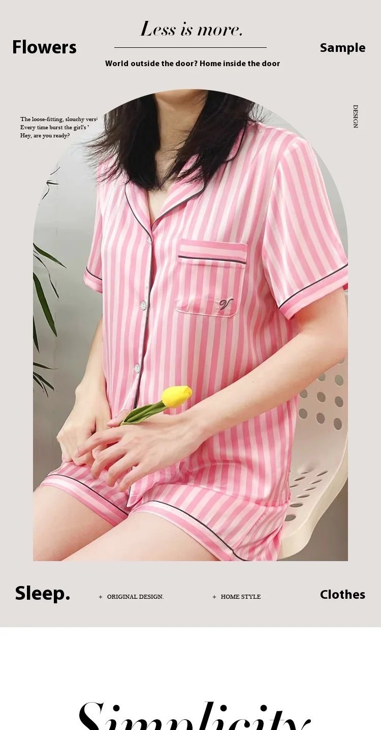 Large Size Women Pajamas Set Short-Sleeved Student Homewear Two-Piece Cardigan Lapel Senior Sense of Striped Short-Sleeved Short