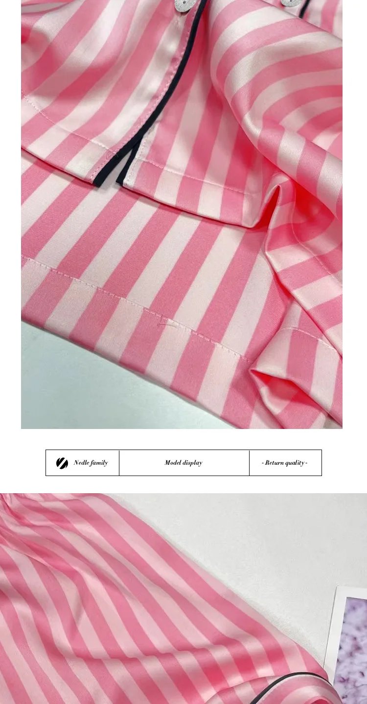 Large Size Women Pajamas Set Short-Sleeved Student Homewear Two-Piece Cardigan Lapel Senior Sense of Striped Short-Sleeved Short