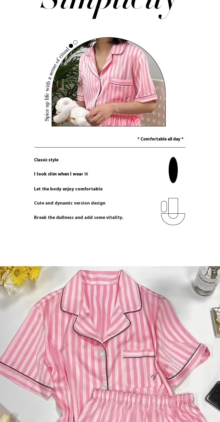 Large Size Women Pajamas Set Short-Sleeved Student Homewear Two-Piece Cardigan Lapel Senior Sense of Striped Short-Sleeved Short