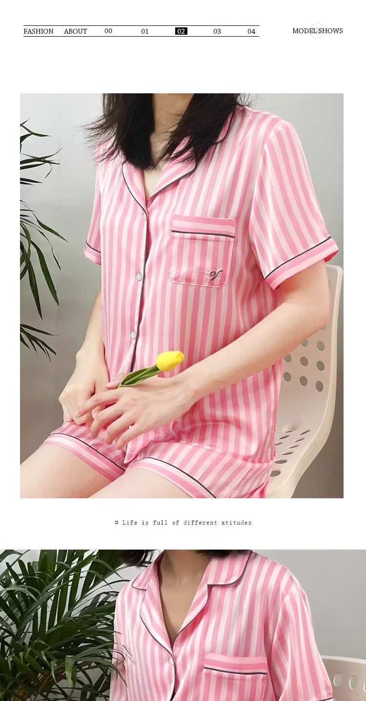 Large Size Women Pajamas Set Short-Sleeved Student Homewear Two-Piece Cardigan Lapel Senior Sense of Striped Short-Sleeved Short