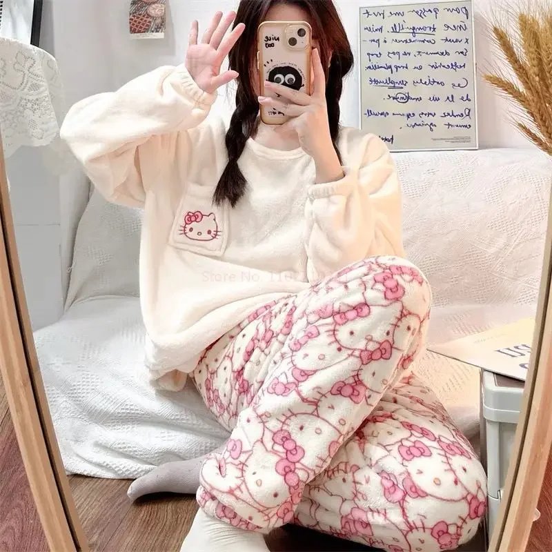 hot Sanrio Cartoon Japanese Hello Kitty Stuff Pajamas Female Flannel Winter The New Plus Thicken Velvet Sweet Keep Warm Pajamas
