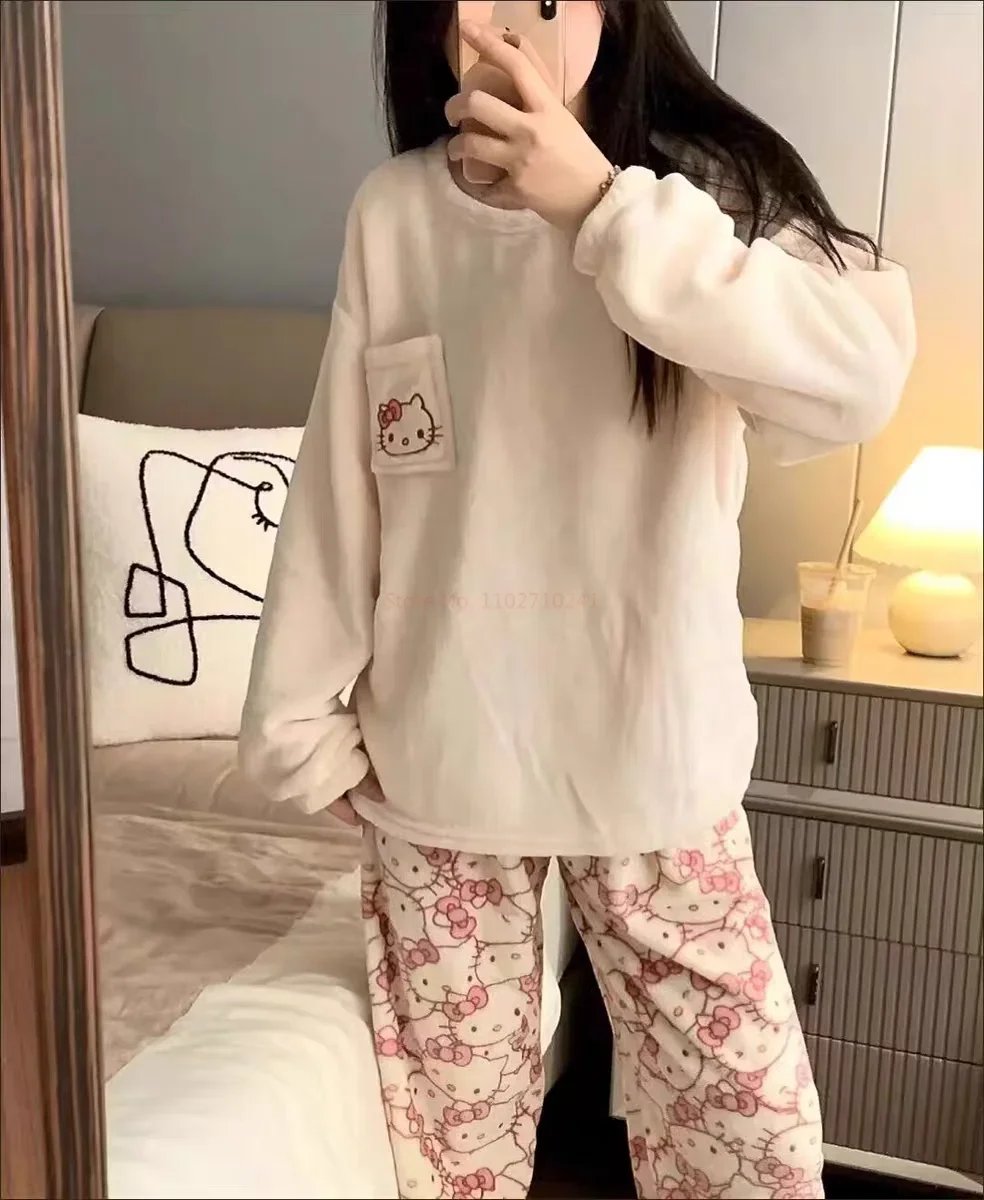 hot Sanrio Cartoon Japanese Hello Kitty Stuff Pajamas Female Flannel Winter The New Plus Thicken Velvet Sweet Keep Warm Pajamas